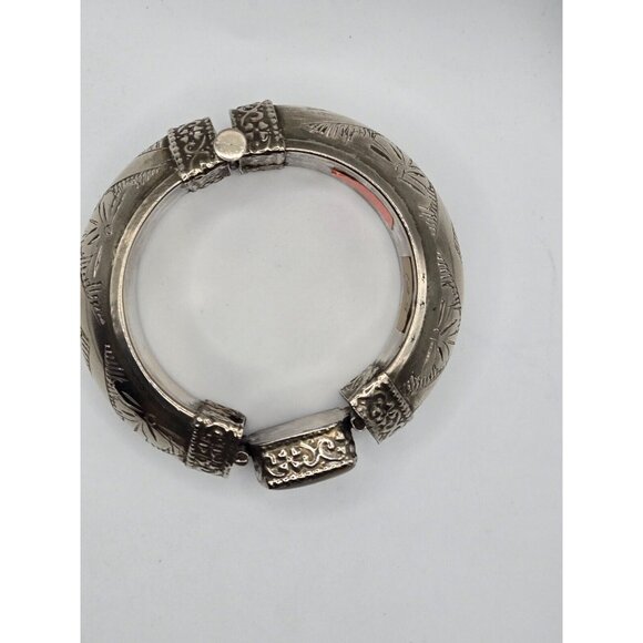 Vintage Chunky Tribal Engraved Silver Hinged Agate Cuff Bracelet Rare Incredible - Picture 4 of 12